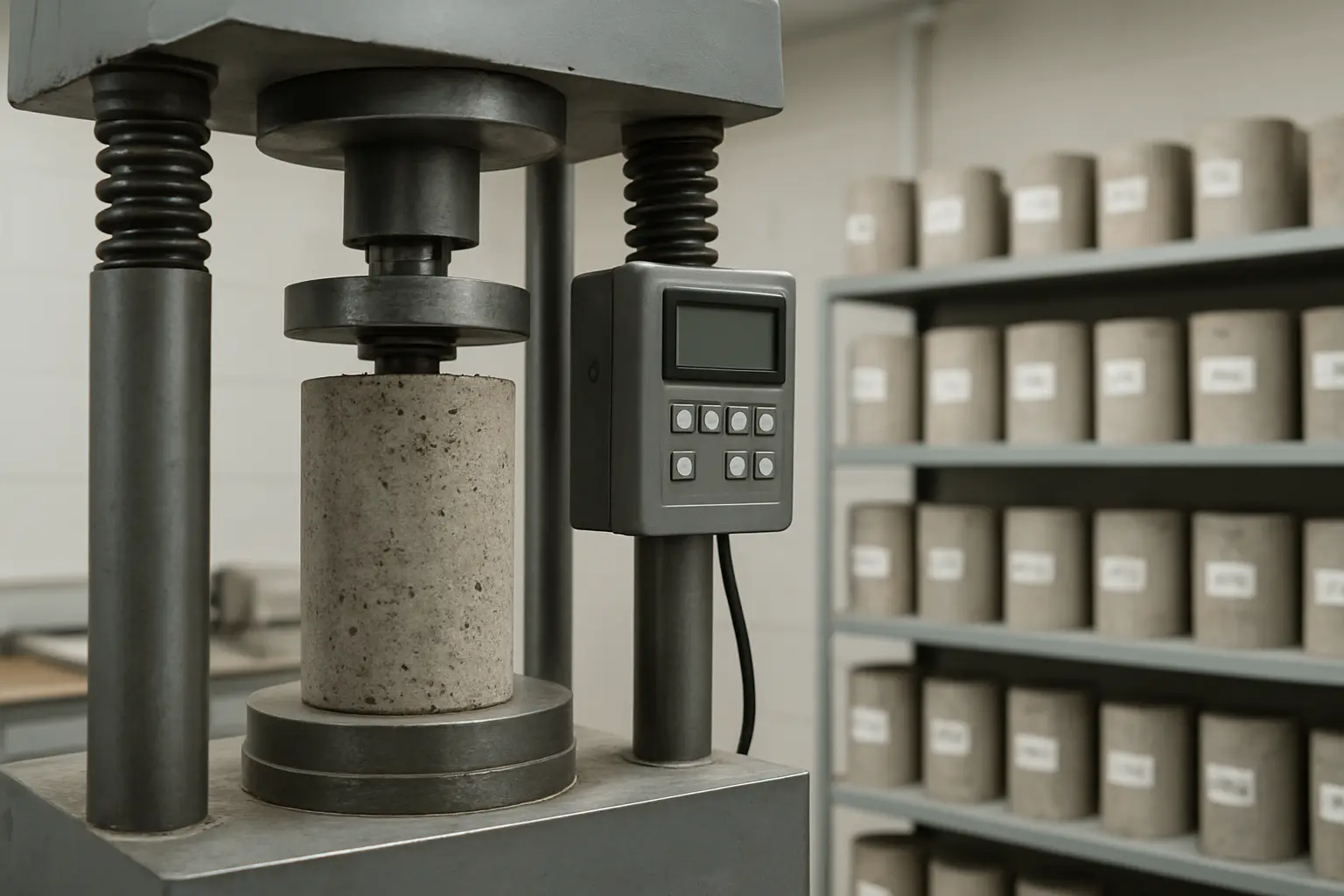 Beton numunelerinin basınç dayanımı laboratuvarda test ediliyor