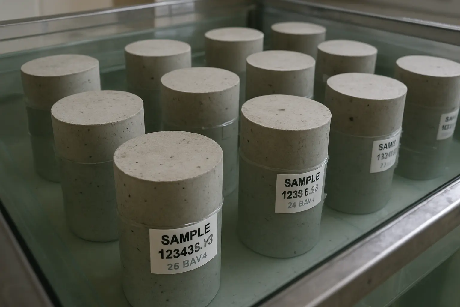 Laboratuvarda kürlenme havuzunda bekleyen beton test numuneleri