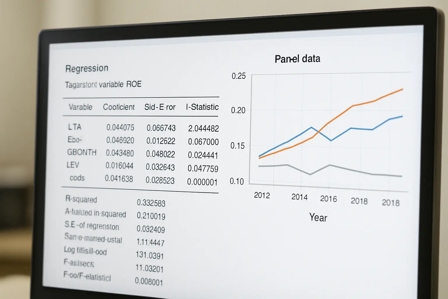 Bilgisayar ekranında panel veri regresyon analizi çıktısının görüntülenmesi